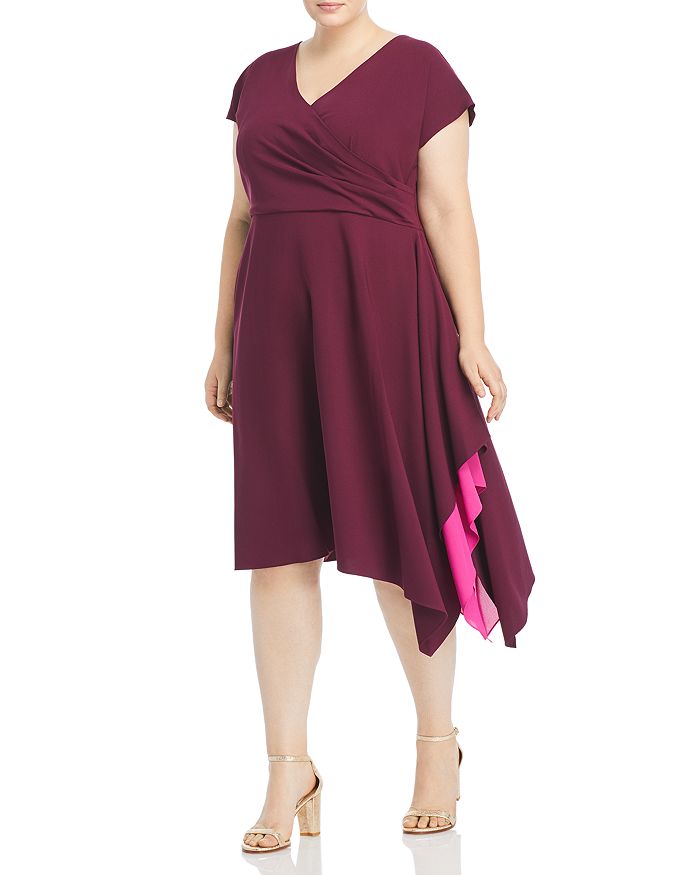 Adrianna Papell Plus Color Blocked Faux Wrap Dress In Wine