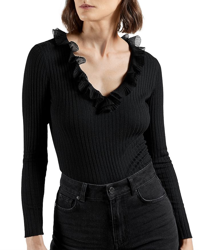 Ted Baker Anyibel Ruffled Ribbed Sweater In Black