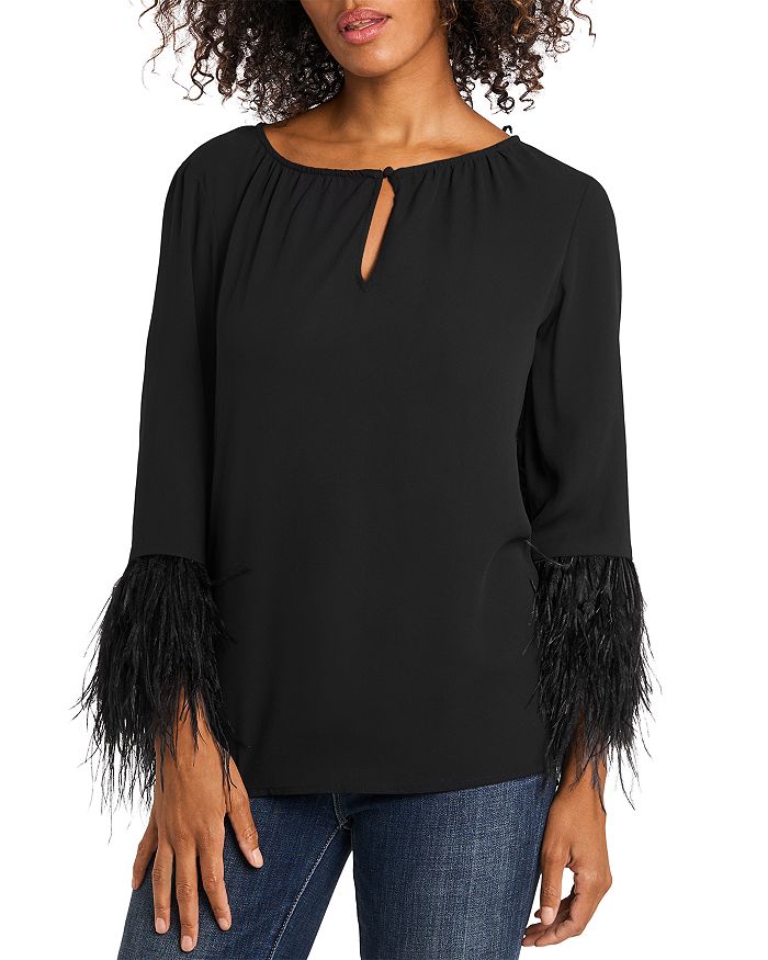 VINCE CAMUTO Feather Sleeve Keyhole Top | Bloomingdale's