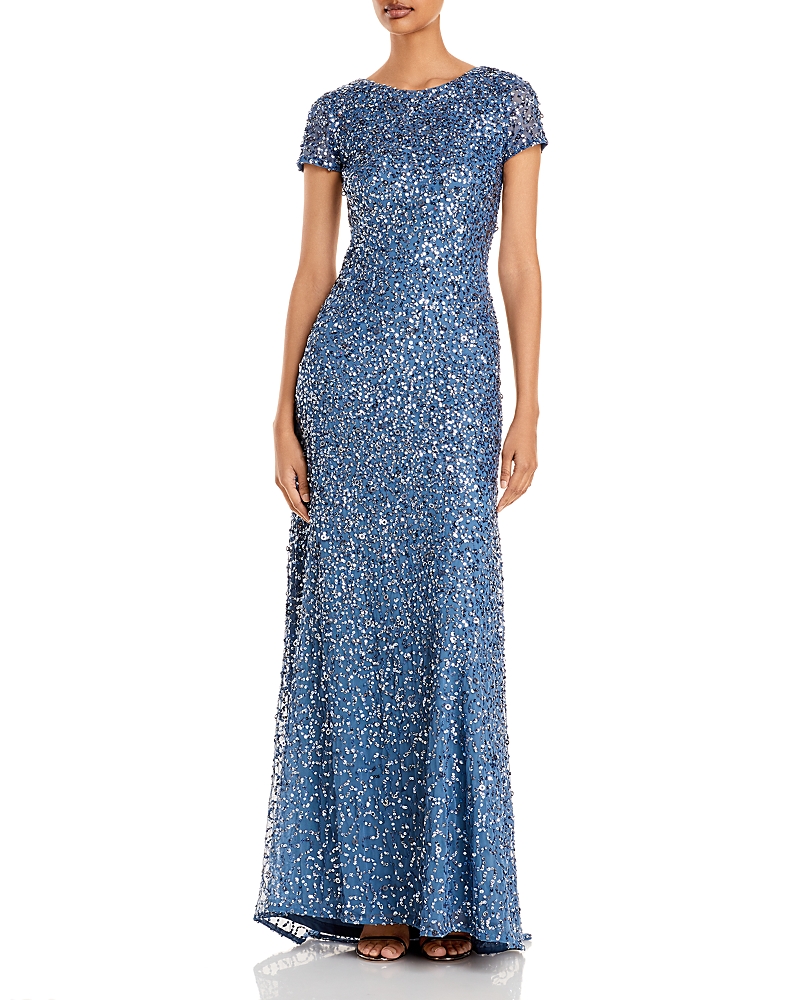 Adrianna Papell Short Sleeve Sequin Mesh Gown In Nile