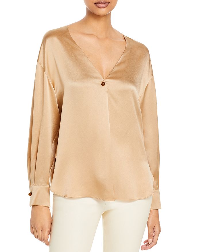 Vince Button V Neck Silk Top | Bloomingdale's