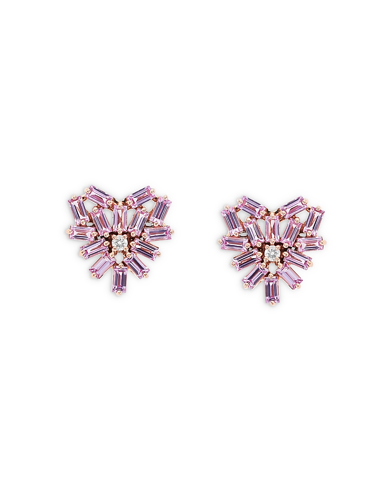 Suzanne Kalan 18k Rose Gold Fireworks Pink Sapphire Heart Stud Earrings In Rose