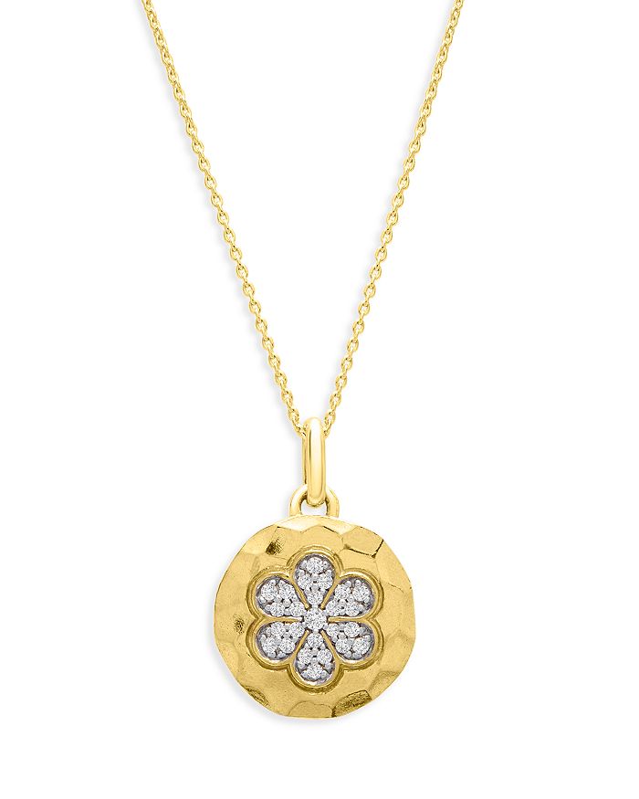 Bloomingdale's Diamond Flower Disc Pendant Necklace In Textured 14k Yellow Gold, 0.10 Ct. T.w. - 100% Exclusive In White/gold