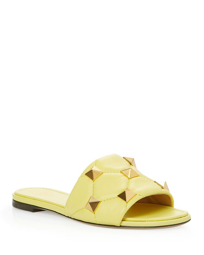 Valentino Roman Stud Flat Slide Sandals In Lime