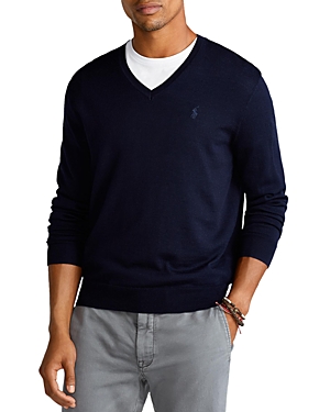 Polo Ralph Lauren Washable Merino Wool V-neck Sweater In Navy