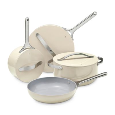 Caraway Non-Toxic and Non-Stick Cookware Set in White with Gold Handles