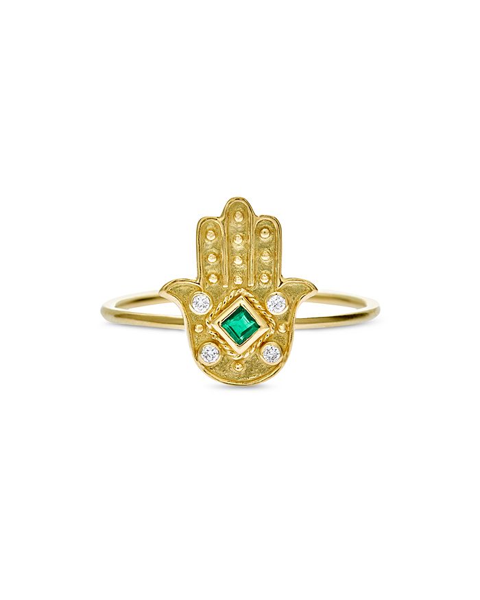 Amrapali Jewels Emerald & Diamond Hamsa Ring In 18k Yellow Gold In Green/gold