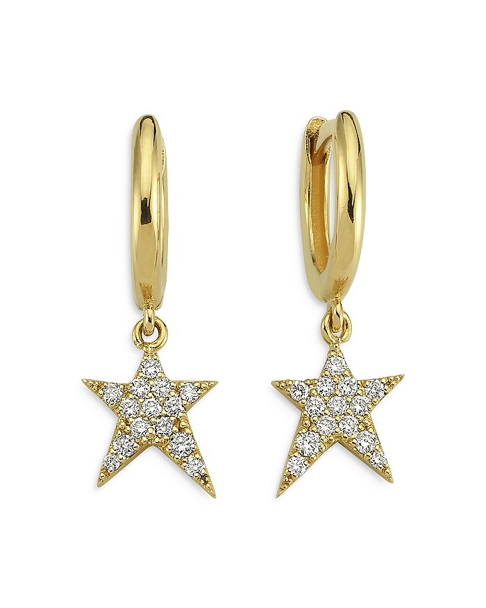 Own Your Story 14k Yellow Gold Rockstar Diamond Star Dangle Hoop Earrings