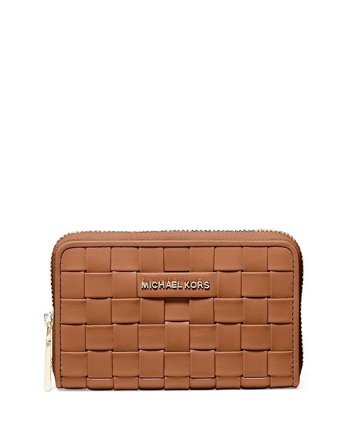 Michael Michael Kors Jet Set Small Woven Leather Card Case In Luggage