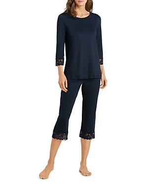 Hanro Moments Lace-trim Cropped Pajama Set In Deep Navy