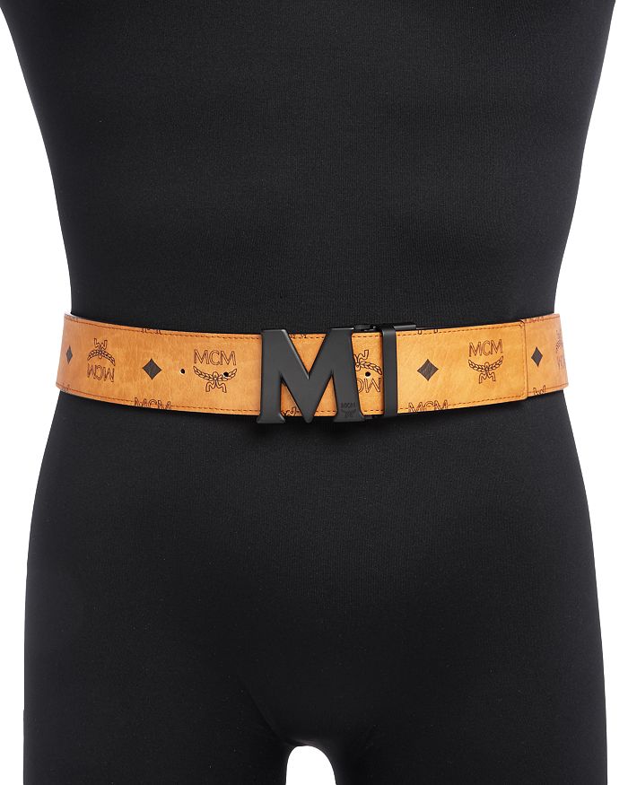 Shop Mcm Men's Reversible Signature Belt In Cognac/black