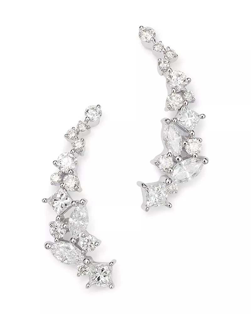 Diamond Fancy Cut Ear Climbers in 14K White Gold, 1.0 tcw