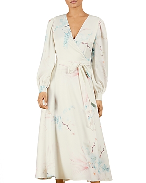 TED BAKER FLORAL WRAP LONG SLEEVE MIDI DRESS,251376-FLOSSSI-WMD