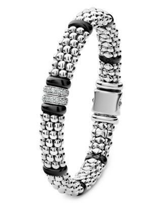 Sterling Silver & Ceramic Caviar Beaded Diamond Station Bracelet