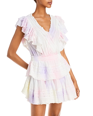 Shop Loveshackfancy Gwen Ruffled Sleeve Tie Dye Mini Dress In Multi Tie Dye