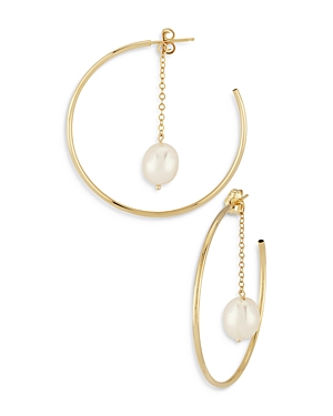 14K Yellow Gold Hoop Earrings with Cultured Freshwater Pearl - 100% Exclusive