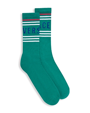 Versace Stripe Logo Crew Socks In Green Multi