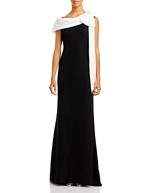 Tadashi Shoji Knotted One-shoulder Crepe Gown In Black/white