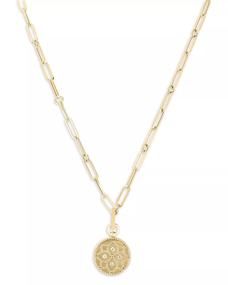 Roberto Coin 18K Yellow Gold Venetian Princess Diamond Floral Disc Pendant Necklace, 19