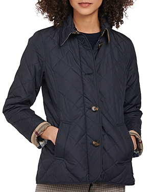 Barbour Millfire Diamond Hooded Quilted Jacket In Dark Navy/hessian Tartan
