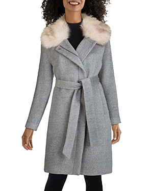 Shop Cole Haan Faux Fur Trim Mid Length Coat In Gray