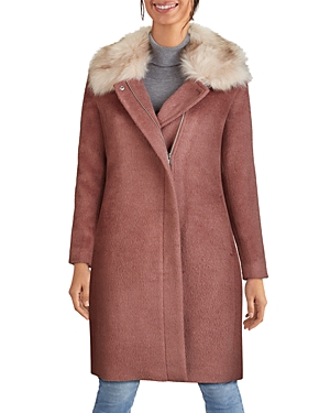 Cole Haan Faux-fur Collar Belted Wrap Coat In Peony