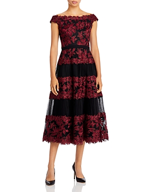 Tadashi Shoji Off-the-shoulder Floral Embroidered Dress In Raisin