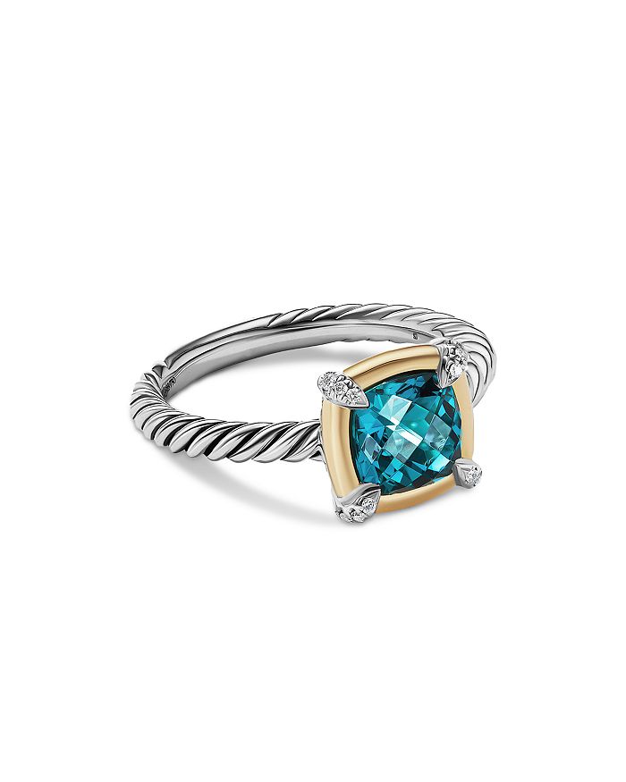 David Yurman - 18K Yellow Gold & Sterling Silver Petite Chatelaine&reg; Hampton Blue Topaz & Diamond Bezel Ring