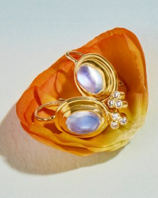 18K Yellow Gold Small Classic Oval Earrings with Blue Moonstone & Diamonds