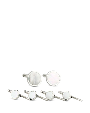 Shop David Donahue Mother-of-pearl Shirt Stud & Cufflink Set In Silver