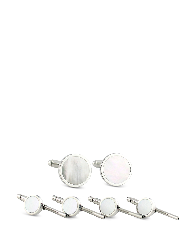 David Donahue Sterling Silver & Mother Of Pearl Beveled Stud & Cufflink Set In Silver