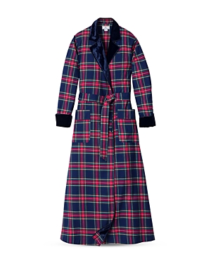 Shop Petite Plume Velvet Trim Long Windsor Tartan Flannel Robe In Navy
