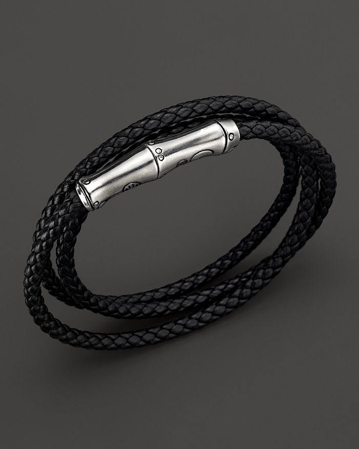JOHN HARDY Men's Bamboo Silver Black Leather Triple Wrap Bracelet ...