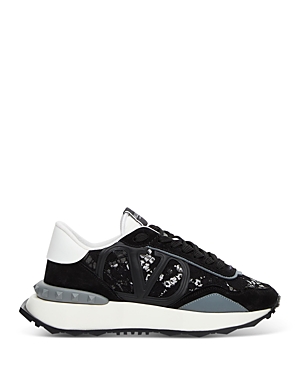 Valentino Vlogo Signature Lace & Suede Sneaker In Black/grey