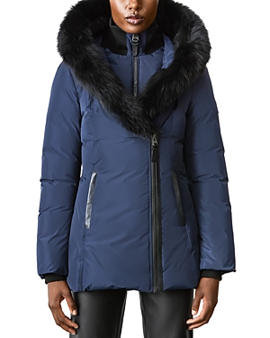 Mackage Adali Hooded Shearling Down Jacket In Navy/black Fur