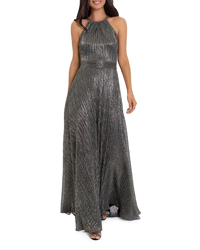 AQUA Metallic Crinkle Halter Gown - 100% Exclusive | Bloomingdale's