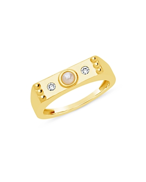 Sterling Forever Women's Sterling Silver Imitation Pearl And Cubic Zirconia Bar Ring In Gold
