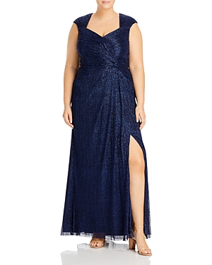 Adrianna Papell Plus Metallic Pleated Gown In Navy Night