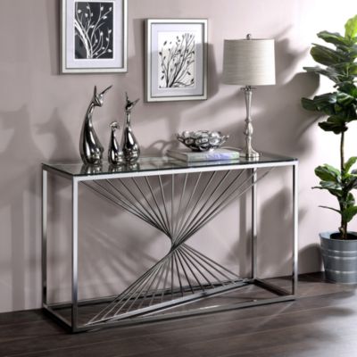 Selig 47" Glass Top Geometric Twist Base Sofa Table