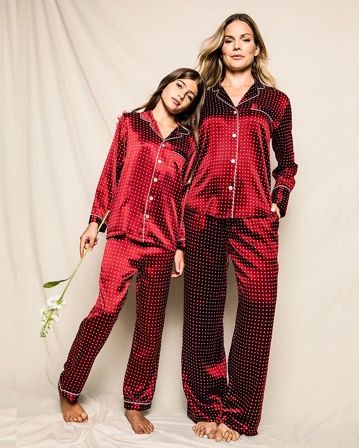 Petite Plume Mommy & Me Red Silk Bordeaux Polka Dots Pajama Set