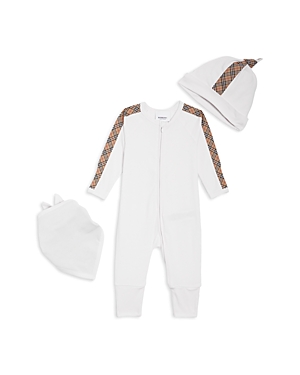 Burberry Unisex Claude Mini Check Footie, Hat & Bib Gift Set - Baby In White