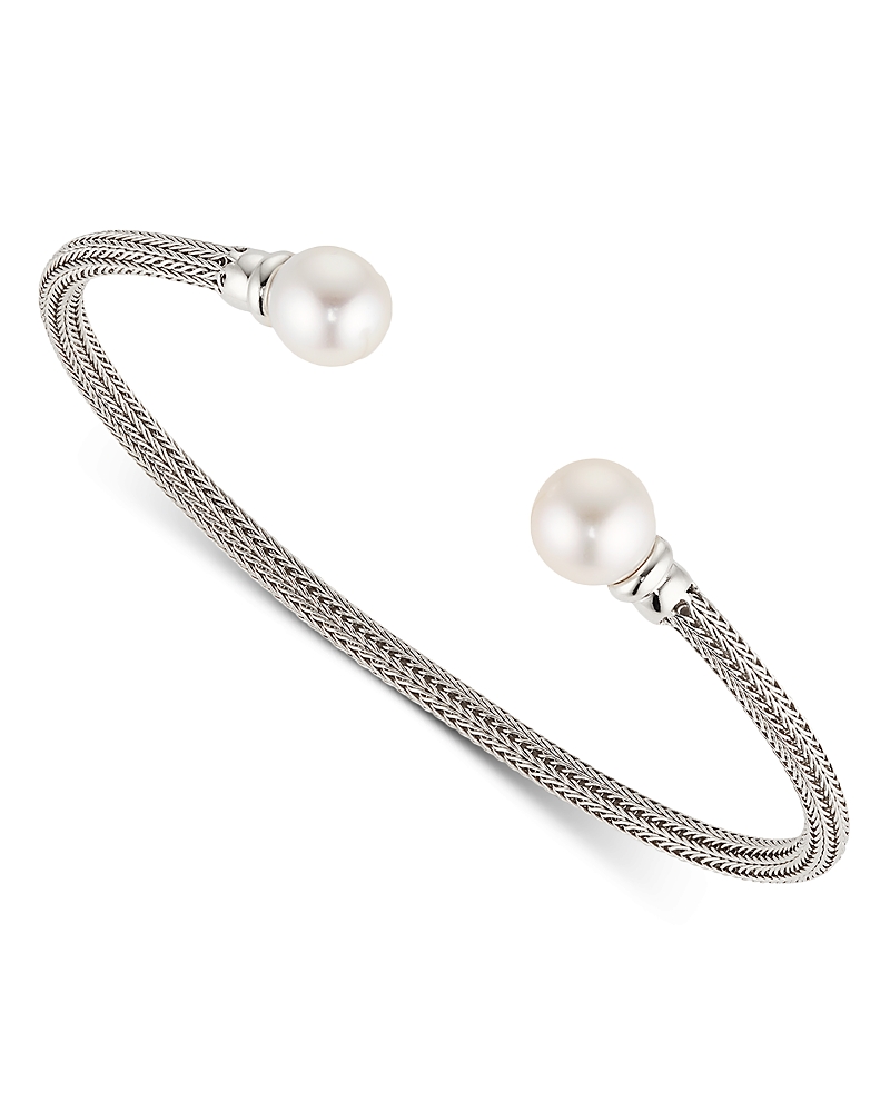 Shop Nadri Cultured Freshwater Pearl Flex Cuff Bracelet In Rhodium