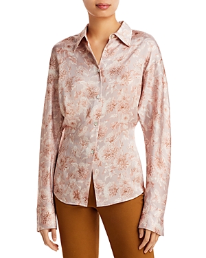 Shop Vince Dahlia Printed Silk Cinch Back Shirt In Lotus Shell