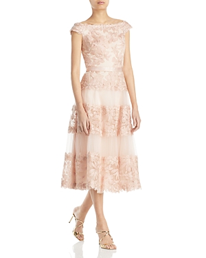 Shop Tadashi Shoji Off-the-shoulder Floral Embroidered Dress In Antique Pink