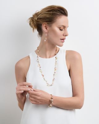 18K Yellow Gold Paradise Pearl Mixed Gemstone, Diamond and Cultured Freshwater Pearl Drop Earrings