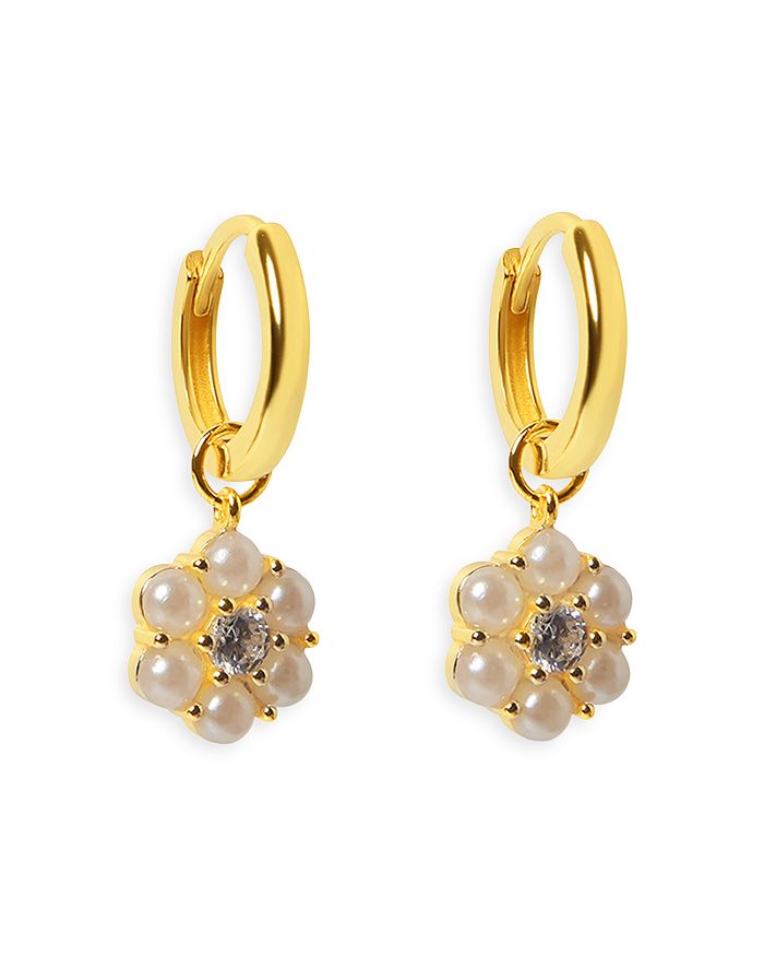 Argento Vivo Crystal Imitation Pearl Flower Charm Huggie Hoop