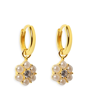 Crystal & Imitation Pearl Flower Charm Huggie Hoop Earrings in 14K Gold Plated Sterling Silver