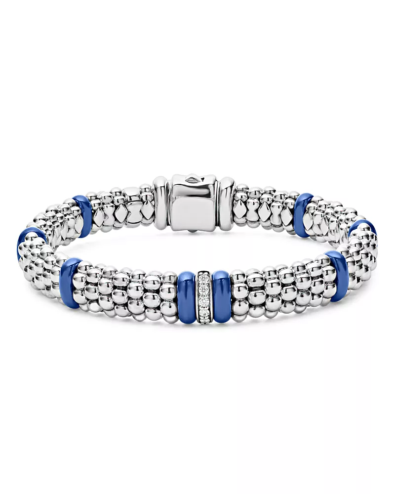 Lagos 18K Yellow Gold & Sterling Silver Diamond & Ultramarine Ceramic Rondelle & Caviar Bead Statement Bracelet