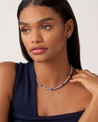 18K Yellow Gold & Sterling Silver Blue Ceramic Rondelle & Bead Collar Necklace, 18"