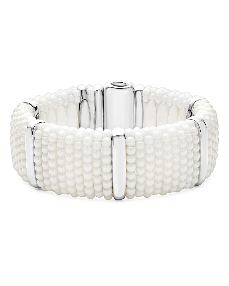 Lagos 18k Yellow Gold & Sterling Silver White Ceramic Caviar Bead Statement Bracelet In White/silver